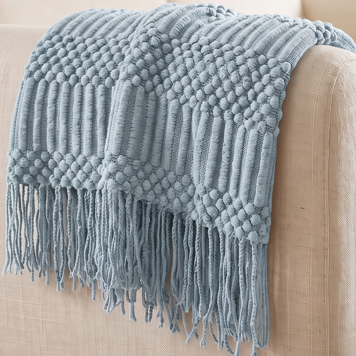 Knit Throw Blanket with Fringe in Light Blue Bobble