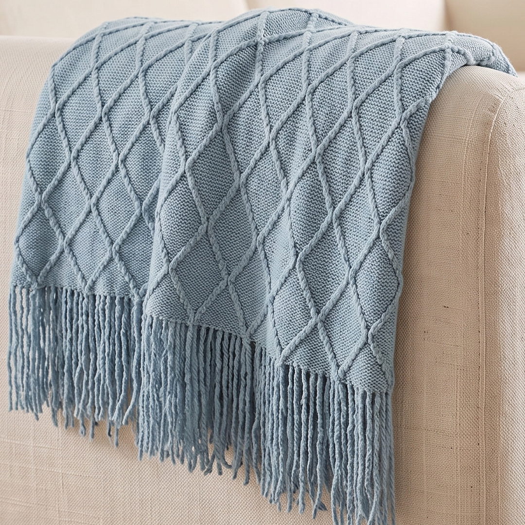 Knit Throw Blanket with Fringe in Light Blue Diamond