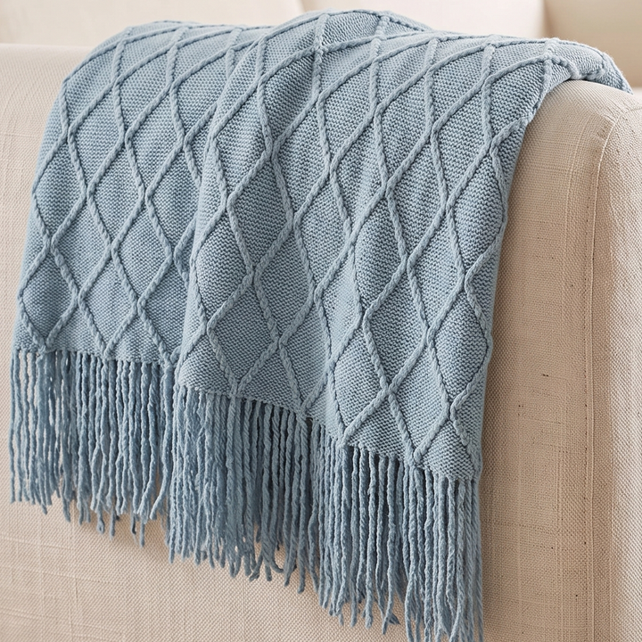 Knit Throw Blanket with Fringe in Light Blue Diamond