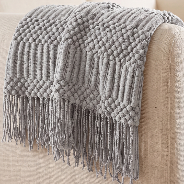 Knit Throw Blanket with Fringe in Light Gray Bobble
