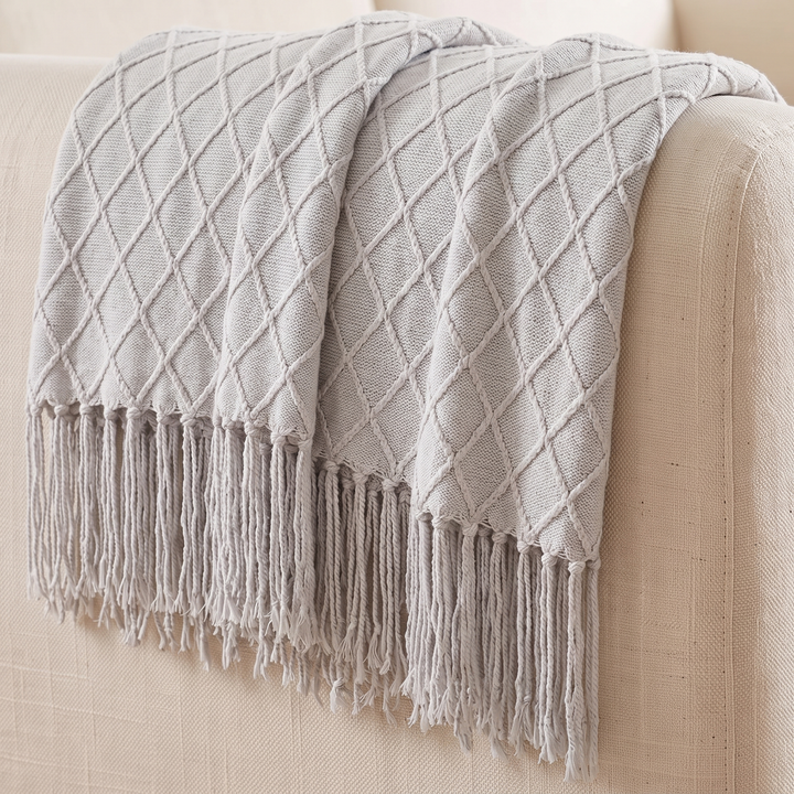 Knit Throw Blanket with Fringe in Light Gray Diamond
