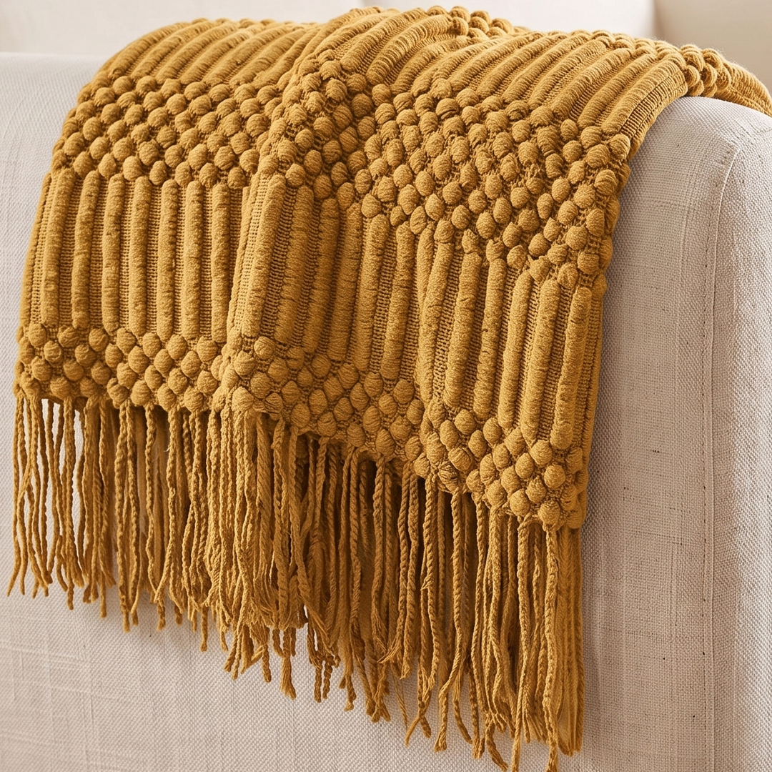 Knit Throw Blanket with Fringe in Mustard Bobble