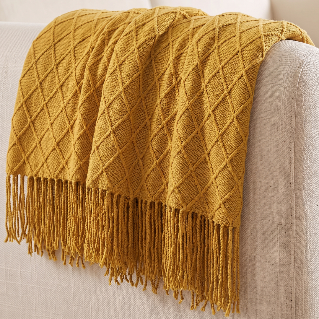 Knit Throw Blanket with Fringe in Mustard Diamond