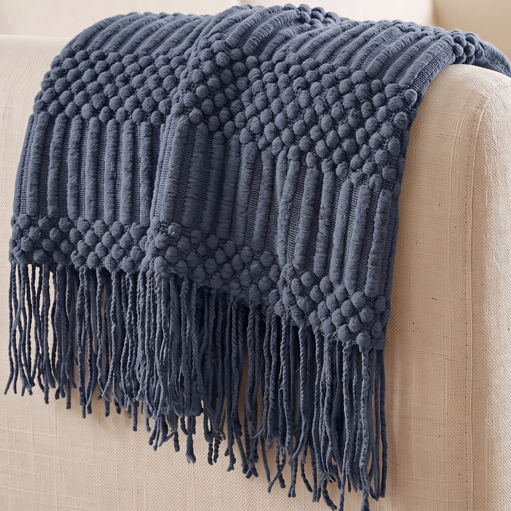 Knit Throw Blanket with Fringe in Navy Blue Bobble