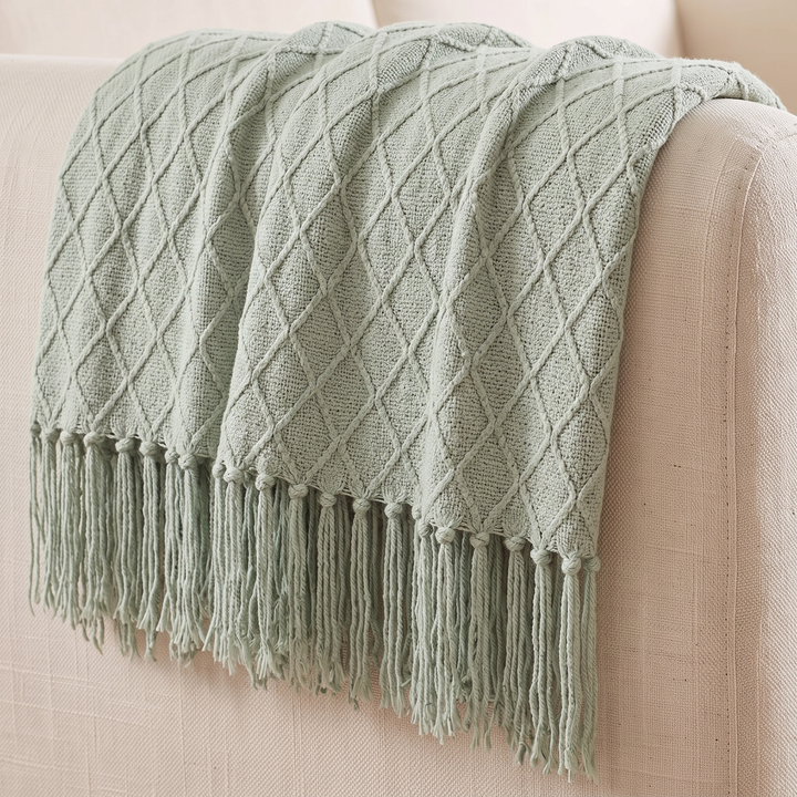 Knit Throw Blanket with Fringe in Sage Diamond