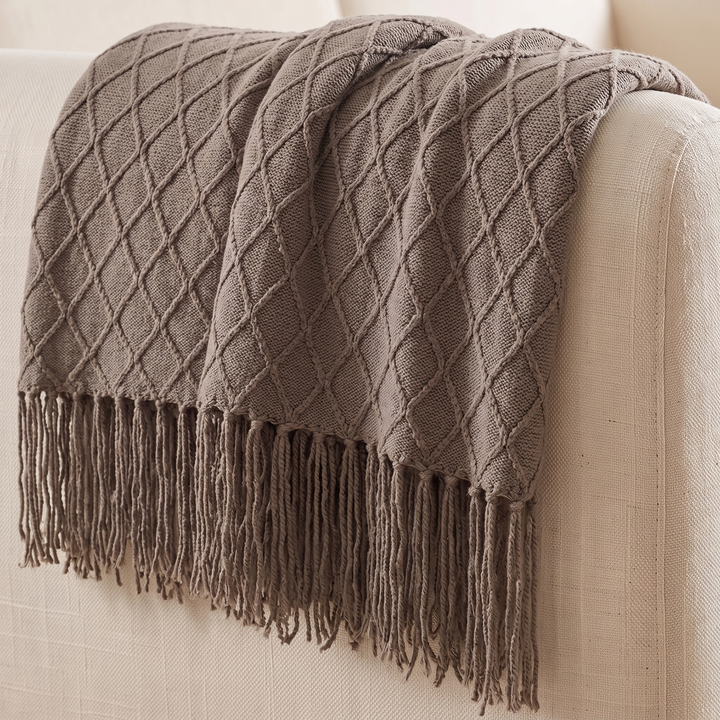 Knit Throw Blanket with Fringe in Taupe Diamond