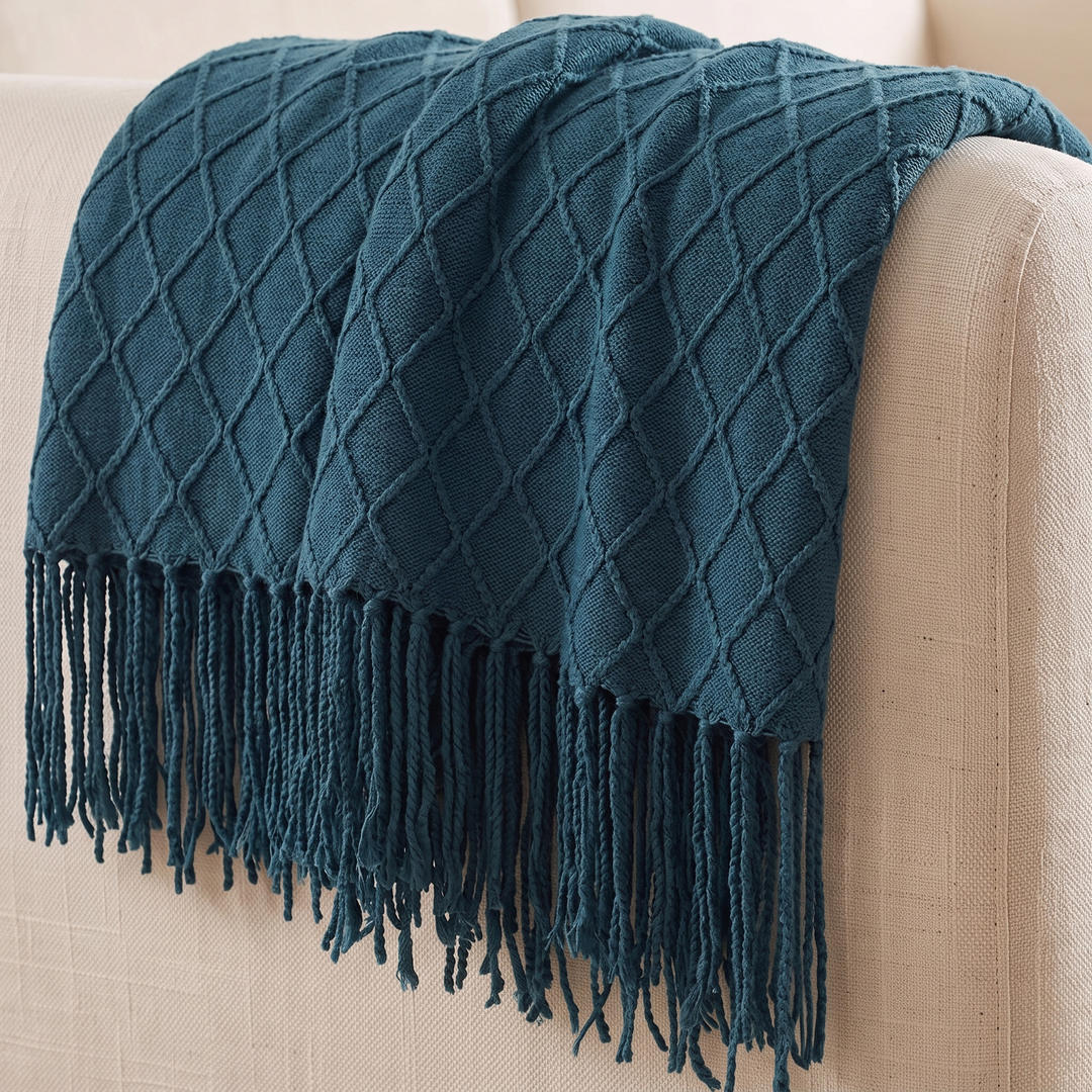 Knit Throw Blanket with Fringe in Teal Diamond