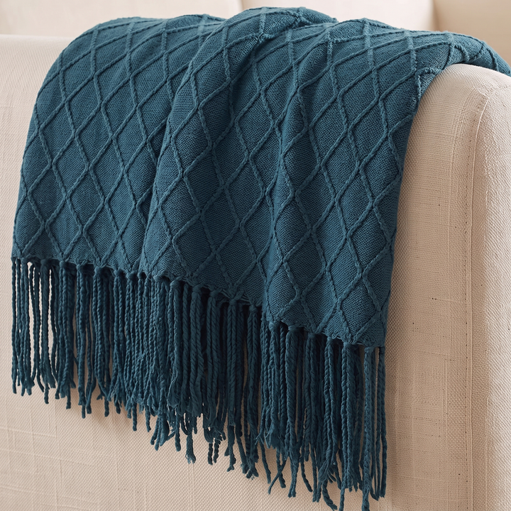 Knit Throw Blanket with Fringe in Teal Diamond
