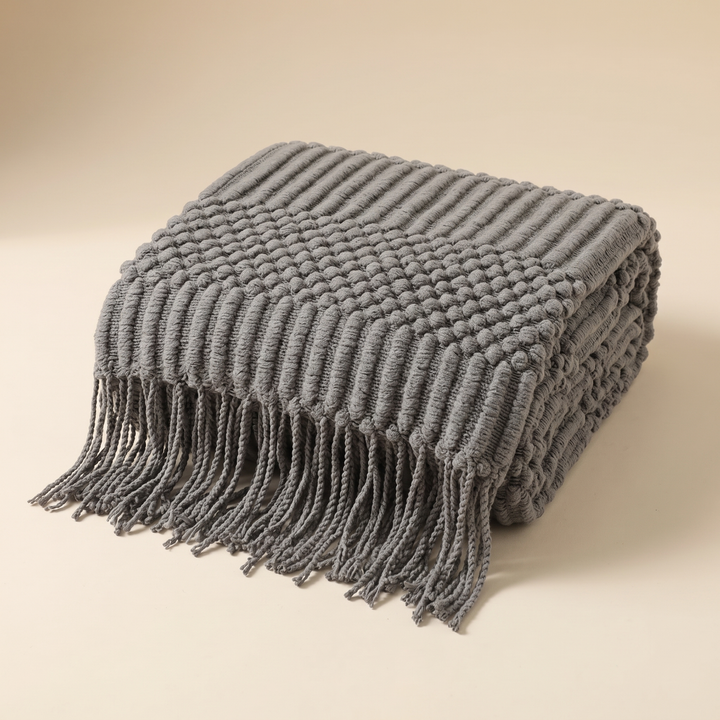 Knit Throw Blanket with Fringe in Gray Bobble
