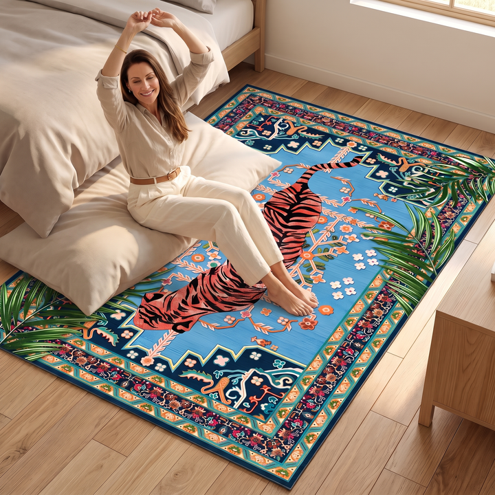 Tiger Rug – Non-Slip in Blue – Persian – from above with a smiling woman stretching on it