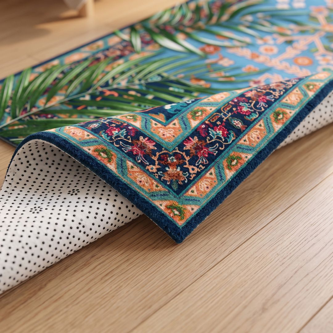 Tiger Rug – Non-Slip in Blue – Persian – corner folded back to show dotted non-slip underside on wood