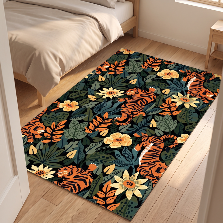 Tiger Rug – Non-Slip in Black – Jungle Floral – angled view from a doorway, bedside table in corner