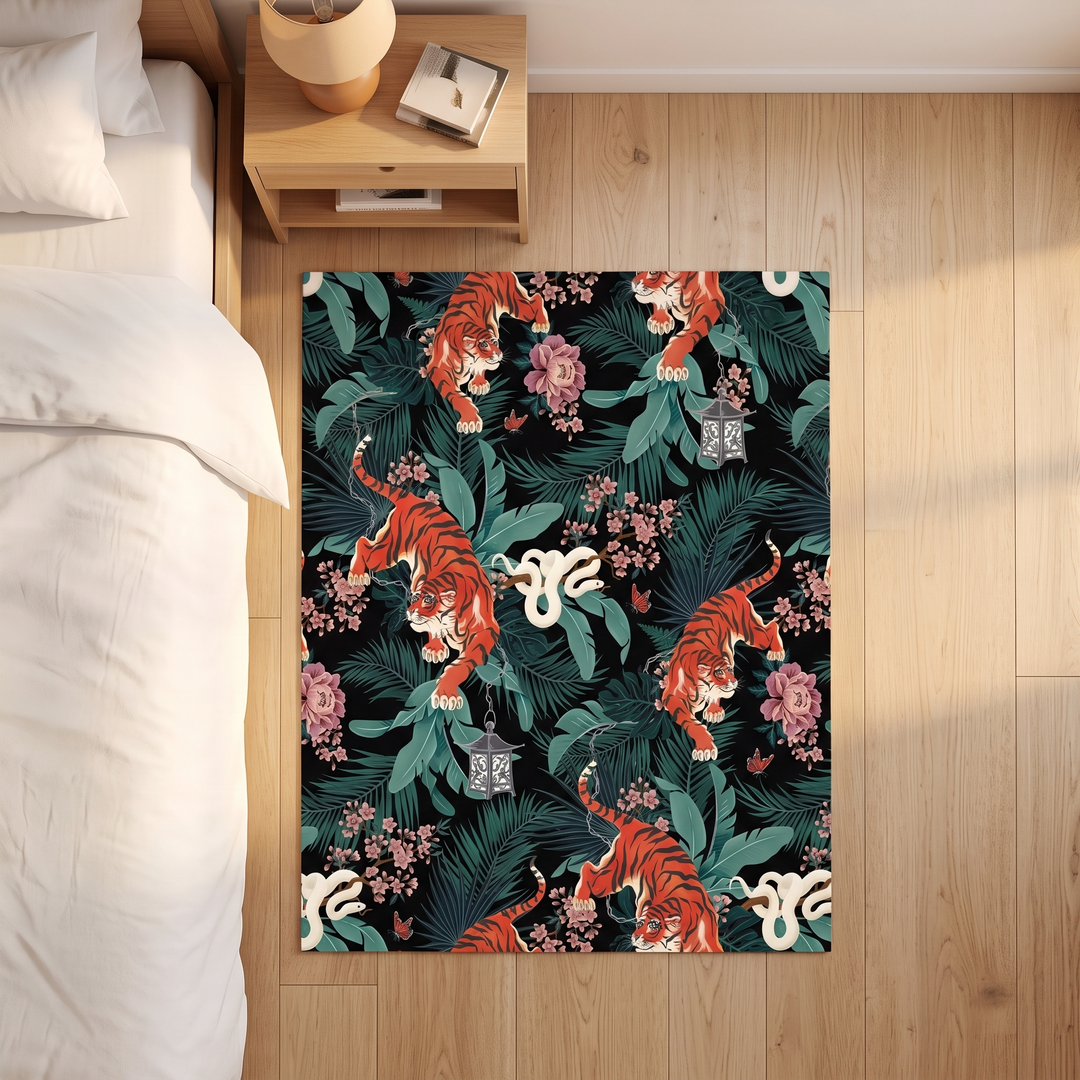 Tiger Rug – Non-Slip in Black – Jungle Leaves – seen from directly above on sunlit floorboards near a nightstand