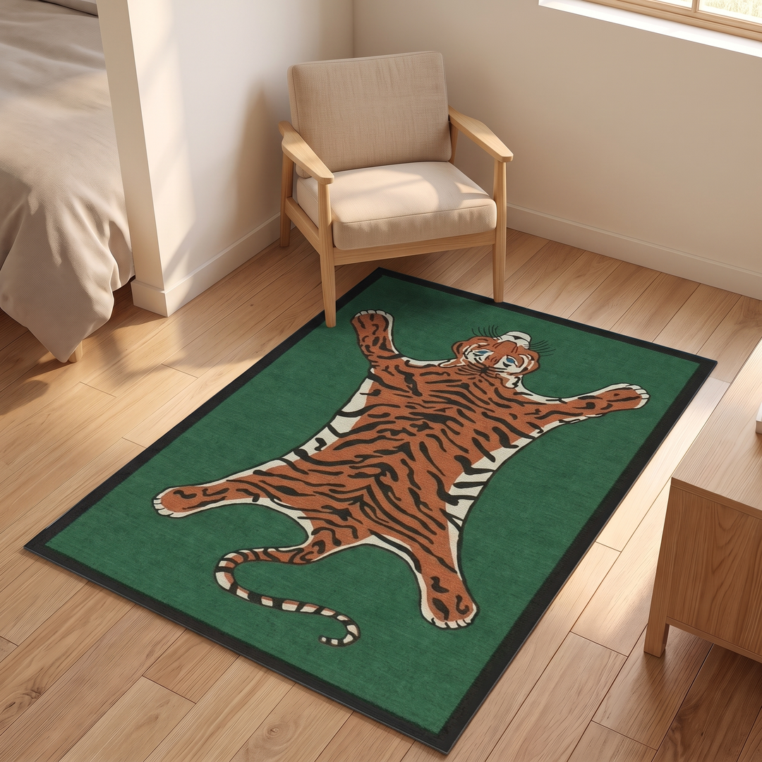 Tiger Rug – Non-Slip in Green – Tiger Skin – angled view in front of a light wood armchair