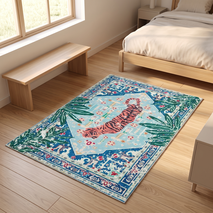 Tiger Rug – Non-Slip in Light Blue – Medallion – beside a wooden bench under a sunlit window