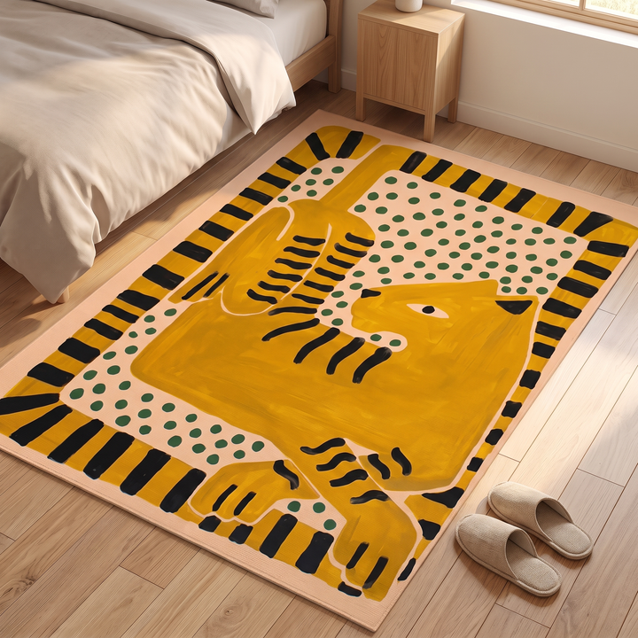 Tiger Rug – Non-Slip in Mustard – Spotted – with a pair of slippers resting beside its edge