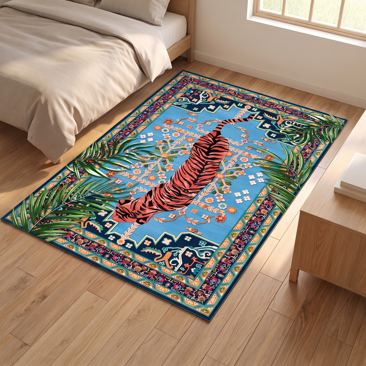 Tiger Rug – Non-Slip in Blue – Persian – on a wooden floor beside a bed in a bedroom