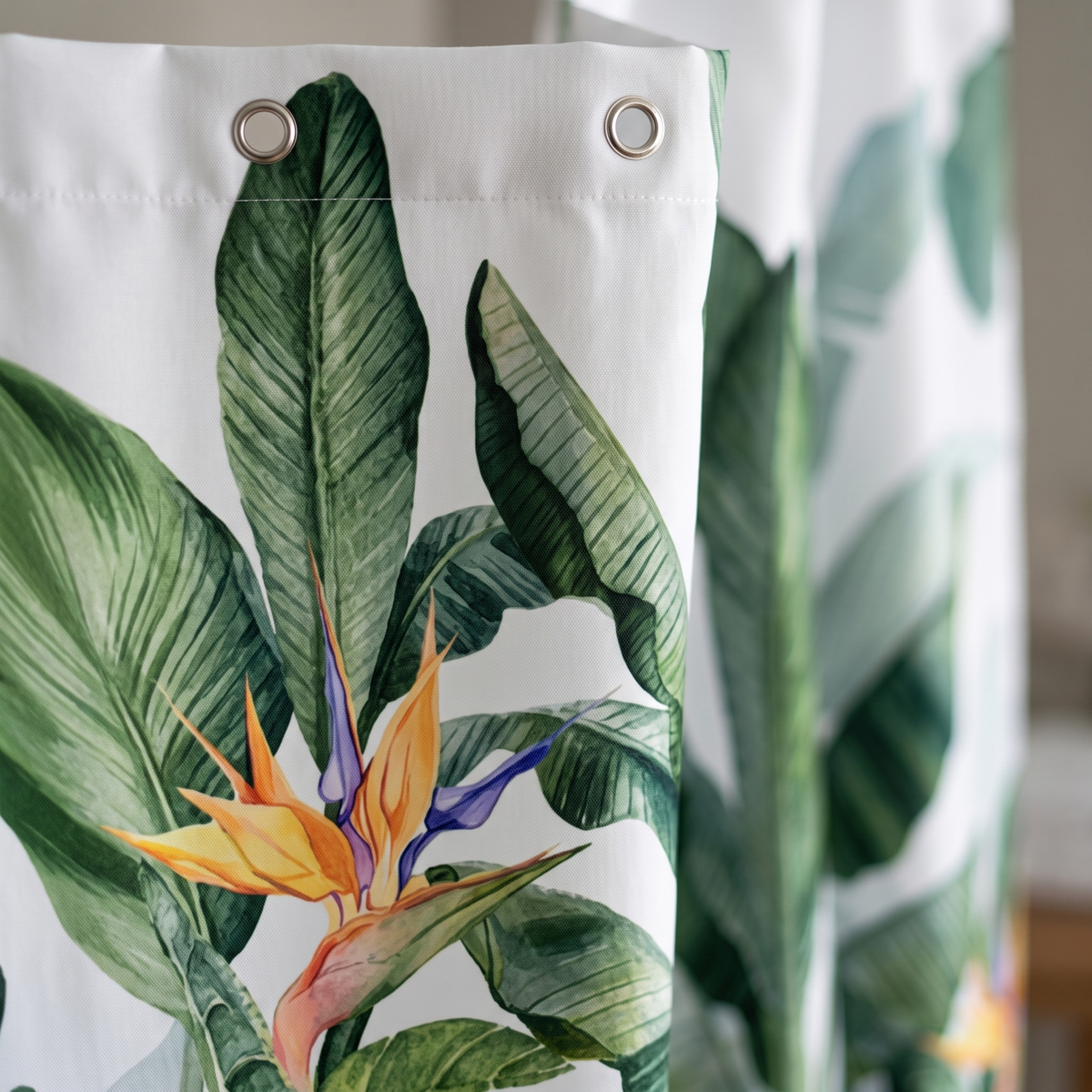 Tropical Shower Curtain – Monstera & Palm Leaves in White – Banana Leaves – close-up of grommet top and printed leaf and flower pattern