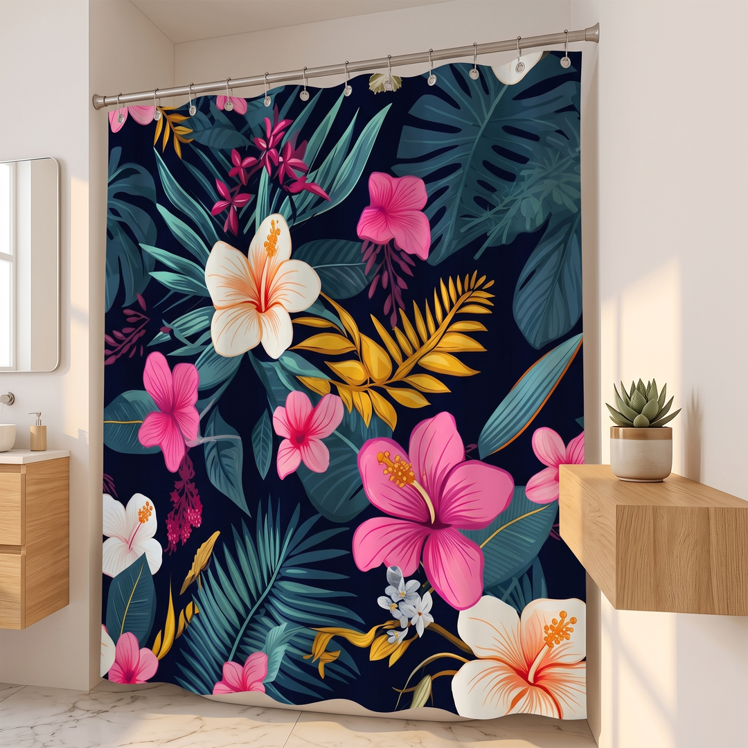 Tropical Shower Curtain – Monstera &amp; Palm Leaves in Navy – Hibiscus – angled view between wood vanity and floating shelf