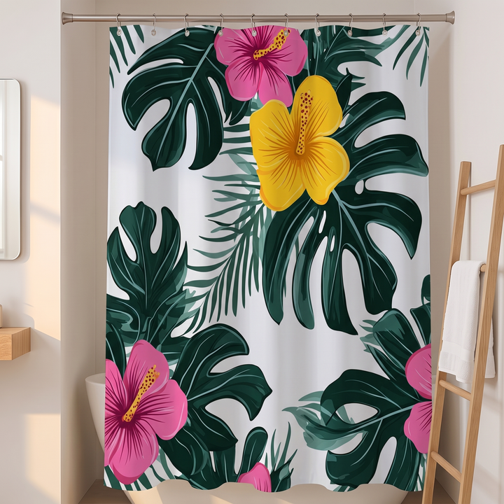 Tropical Shower Curtain – Monstera &amp; Palm Leaves in White – Hibiscus &amp; Monstera – straight-on view beside a leaning wooden towel ladder
