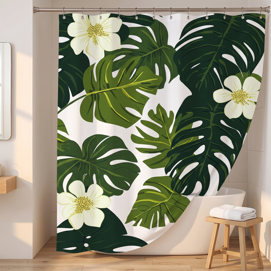 Tropical Shower Curtain – Monstera &amp; Palm Leaves in White – Monstera Blossom – pulled open beside a wooden stool holding a folded towel