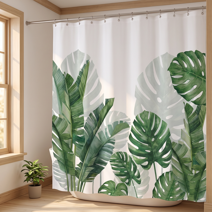 Tropical Shower Curtain – Monstera &amp; Palm Leaves in White – Monstera Border – closed beside a sunlit window and small potted plant