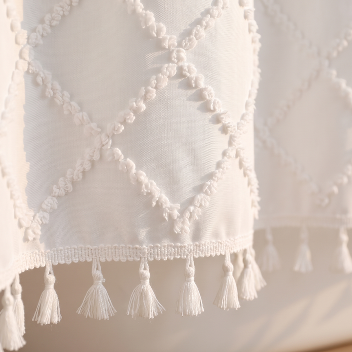 Boho Fabric Shower Curtain – Tufted, with Tassels in White Diamond – close-up of tufted diamond pattern and tassel trim along the hem