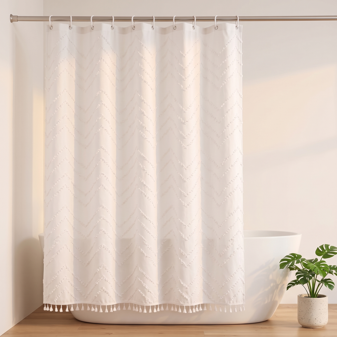 Boho Fabric Shower Curtain – Tufted, with Tassels in White Chevron – full-length front view beside potted plant on wood floor