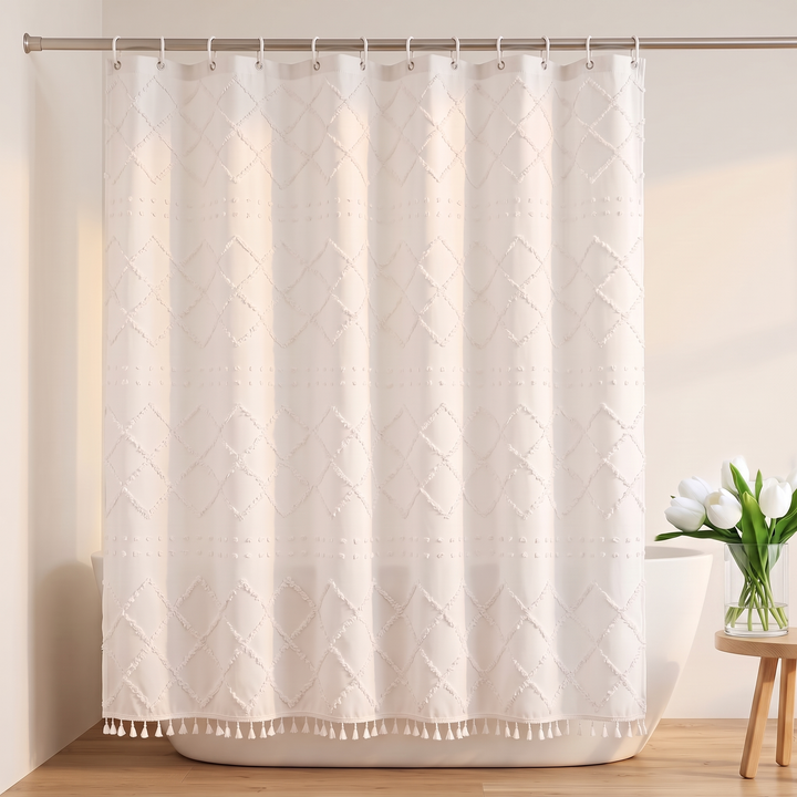 Boho Fabric Shower Curtain – Tufted, with Tassels in White Diamond – hanging from a rod over a freestanding bathtub, tulips nearby
