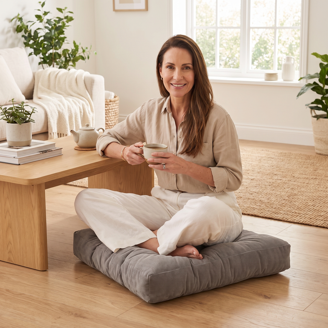 Tufted Floor Cushion – Square in Gray – woman sitting cross-legged on it holding a mug by a coffee table