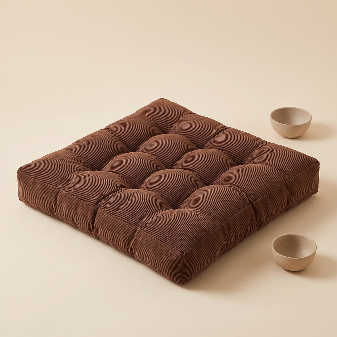 Tufted Floor Cushion – Square in Chocolate Brown – styled with two small ceramic bowls beside it