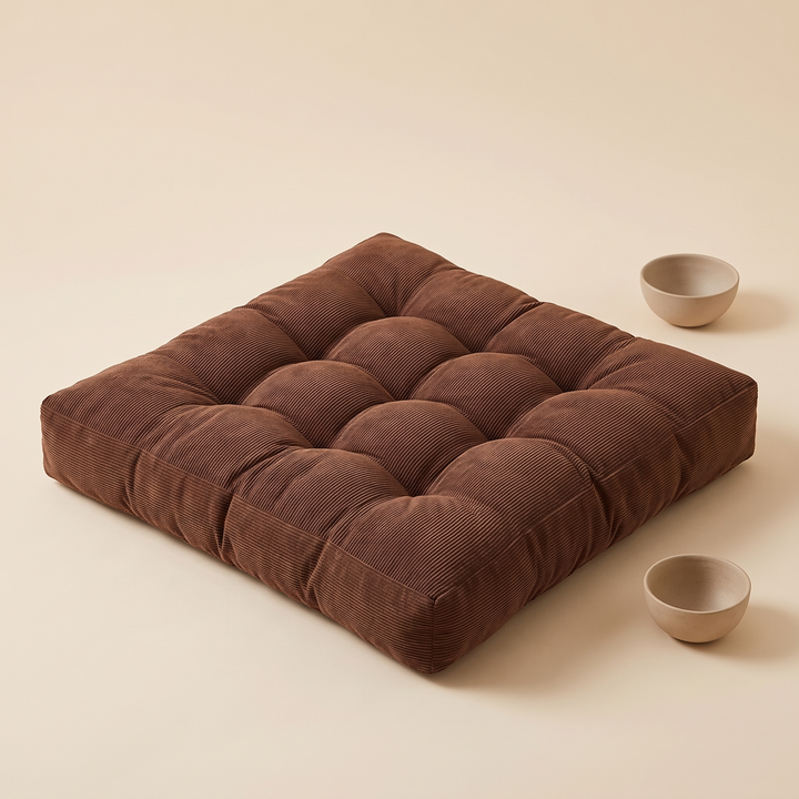 Tufted Floor Cushion – Square in Chocolate Brown – styled with two small ceramic bowls beside it