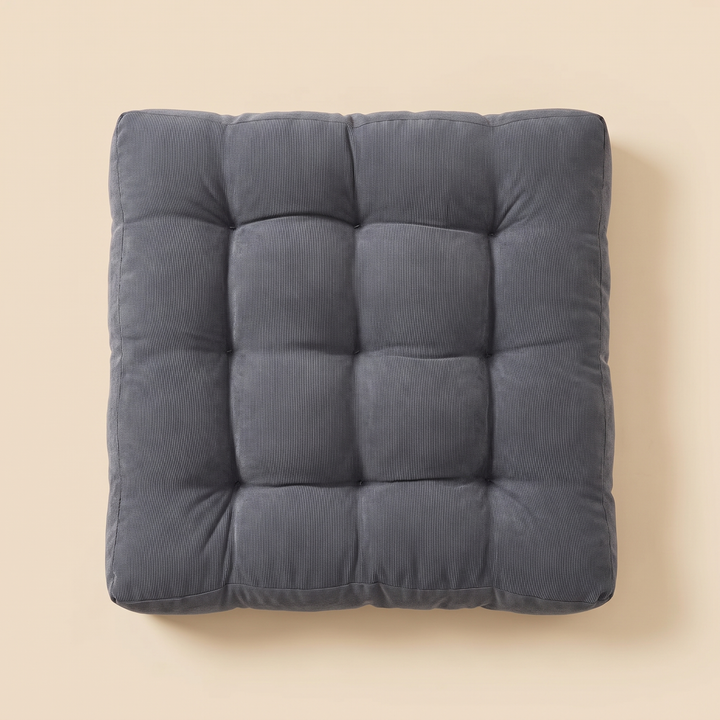 Tufted Floor Cushion – Square in Dark Gray – straight overhead view showing the full tufted grid pattern