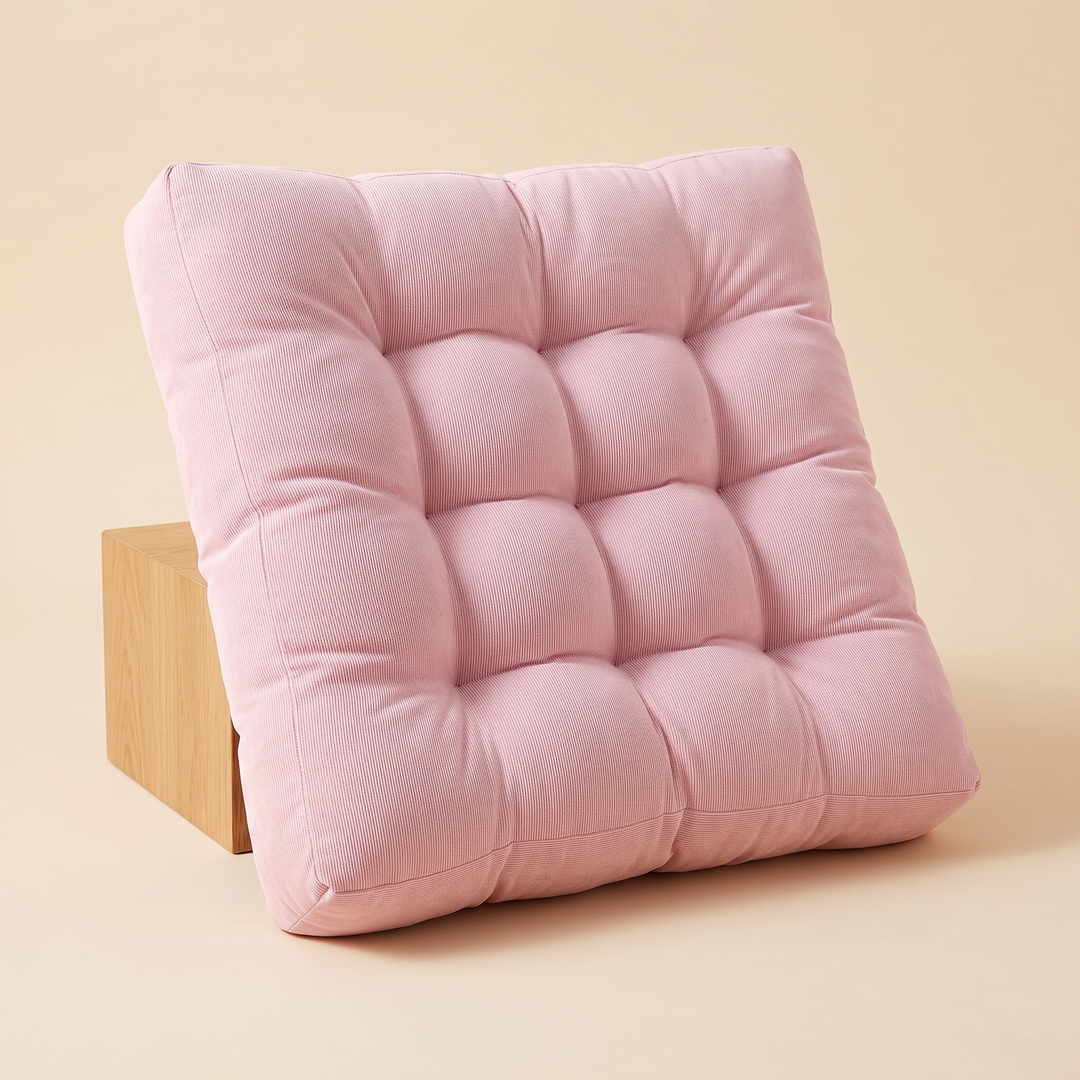 Tufted Floor Cushion – Square in Light Pink – propped upright against a wooden block on beige