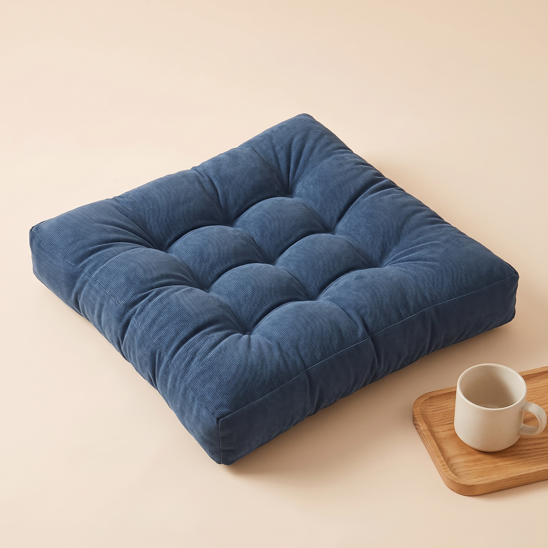 Tufted Floor Cushion – Square in Navy Blue – with a mug on a wooden tray beside it
