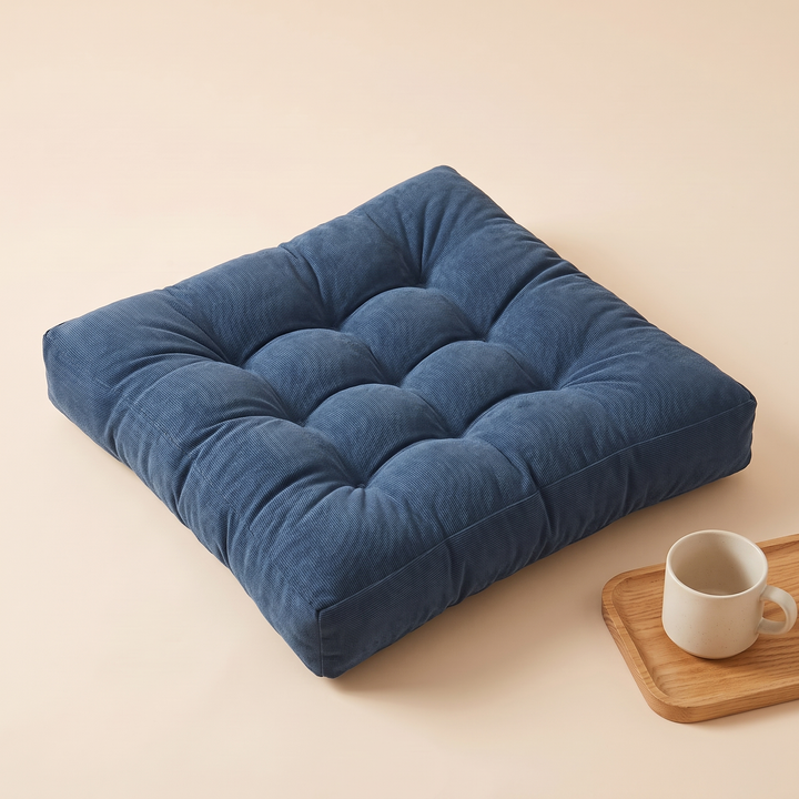 Tufted Floor Cushion – Square in Navy Blue – with a mug on a wooden tray beside it