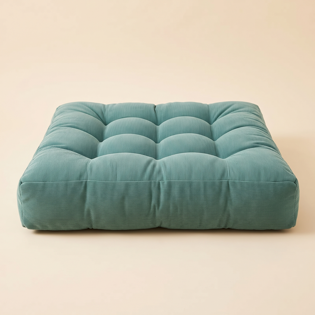 Tufted Floor Cushion – Square in Teal – straight-on low side profile showing the cushion&