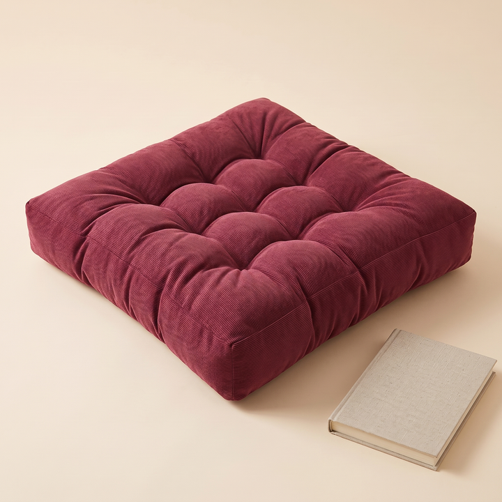 Tufted Floor Cushion – Square in Crimson Red – with a closed hardcover book lying beside it