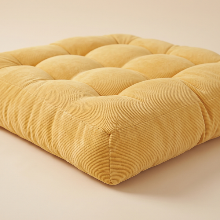 Tufted Floor Cushion – Square in Yellow – corner-forward angle with soft shadow on seamless backdrop