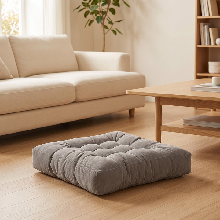 Tufted Floor Cushion – Square in Gray – on a wood floor in front of a cream sofa
