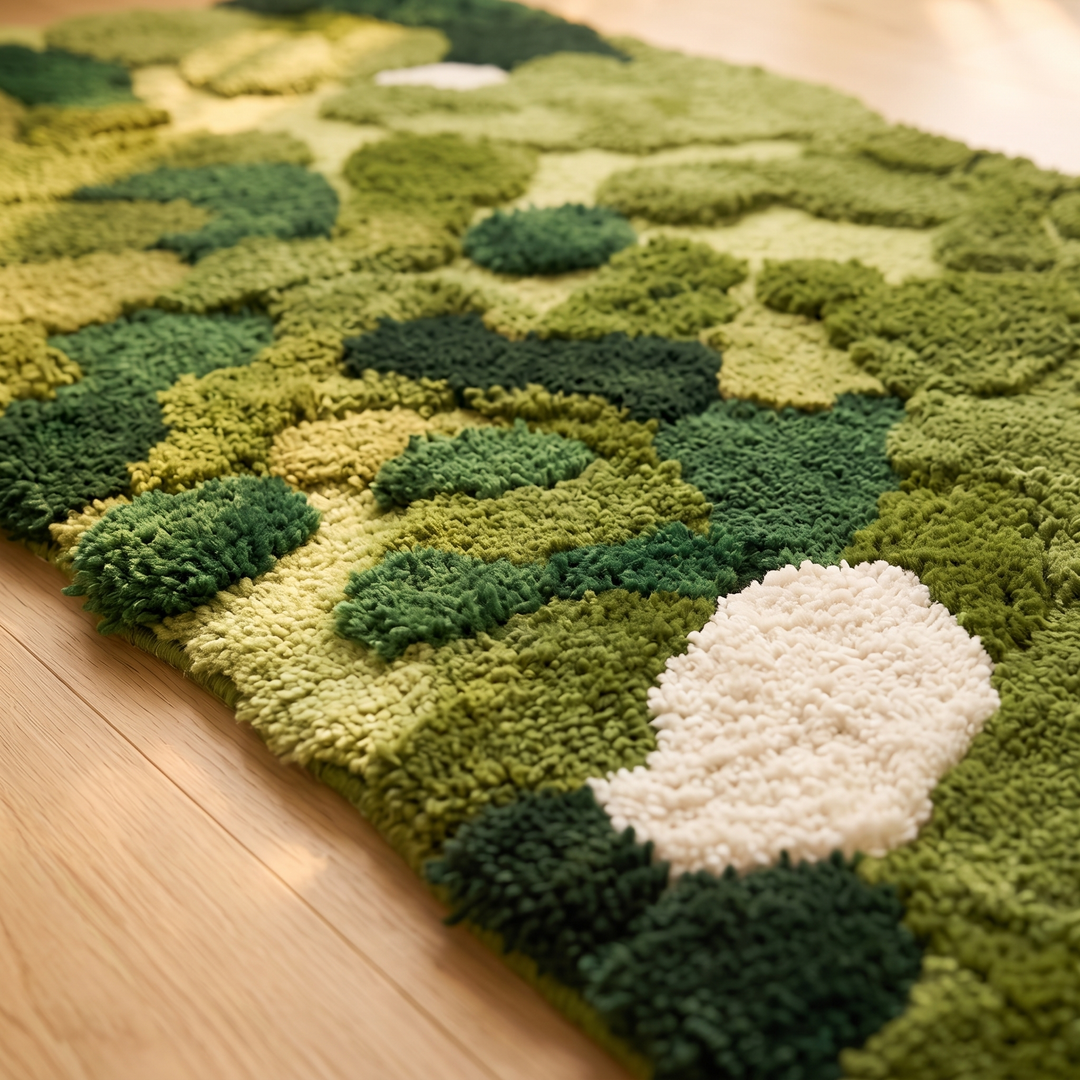 Green Moss Rug – Tufted in Moss Green – close-up of tufted patches in varied pile heights, angled across floorboards