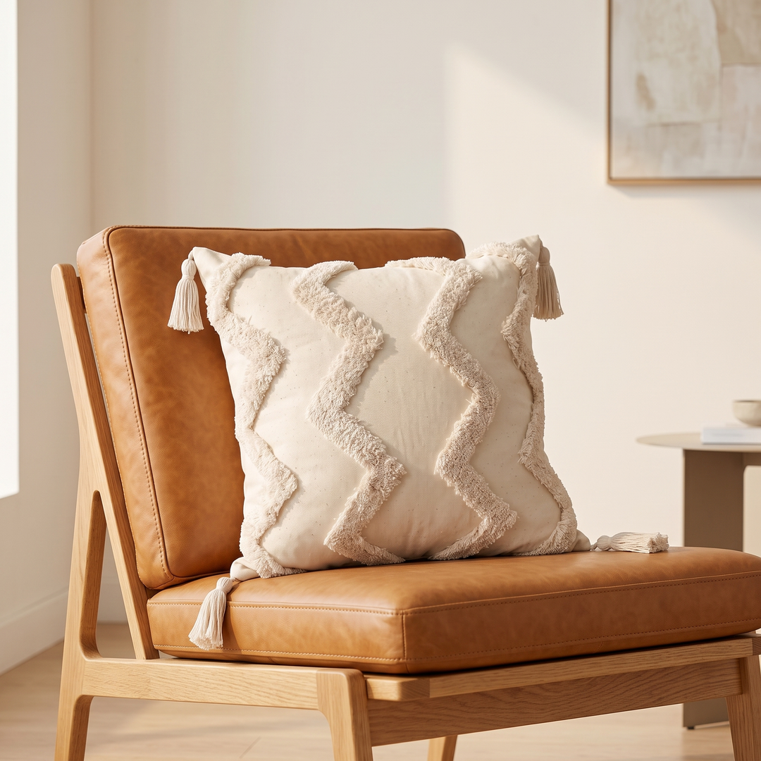 Boho Tufted Pillow Cover with Tassels in Cream – Zigzag – propped on a tan leather chair with wooden frame