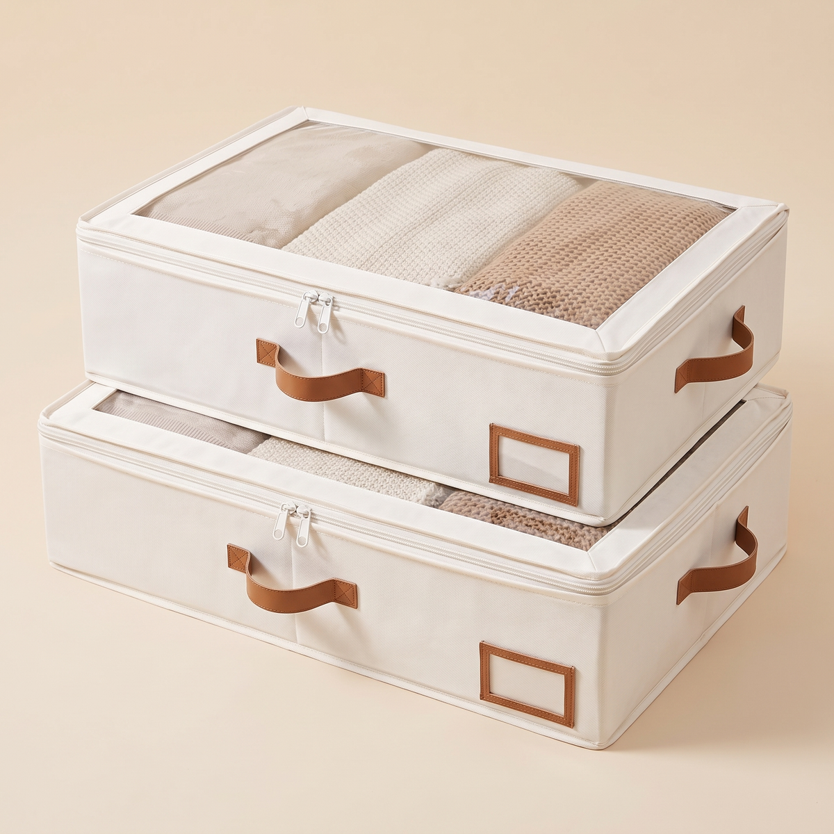 Under Bed Storage Bins – Set of 2 in Cream – stacked two high with folded knit blankets visible through clear lids