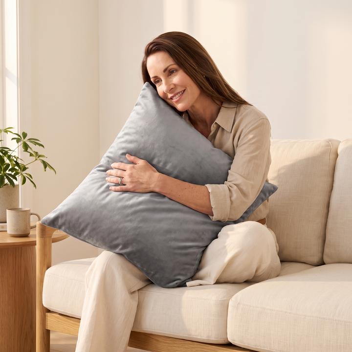 Velvet Pillow Cover in Gray – hugged by a smiling woman seated on a sofa