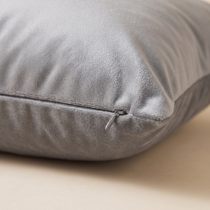 Velvet Pillow Cover in Gray – close-up of the hidden zipper at the bottom corner