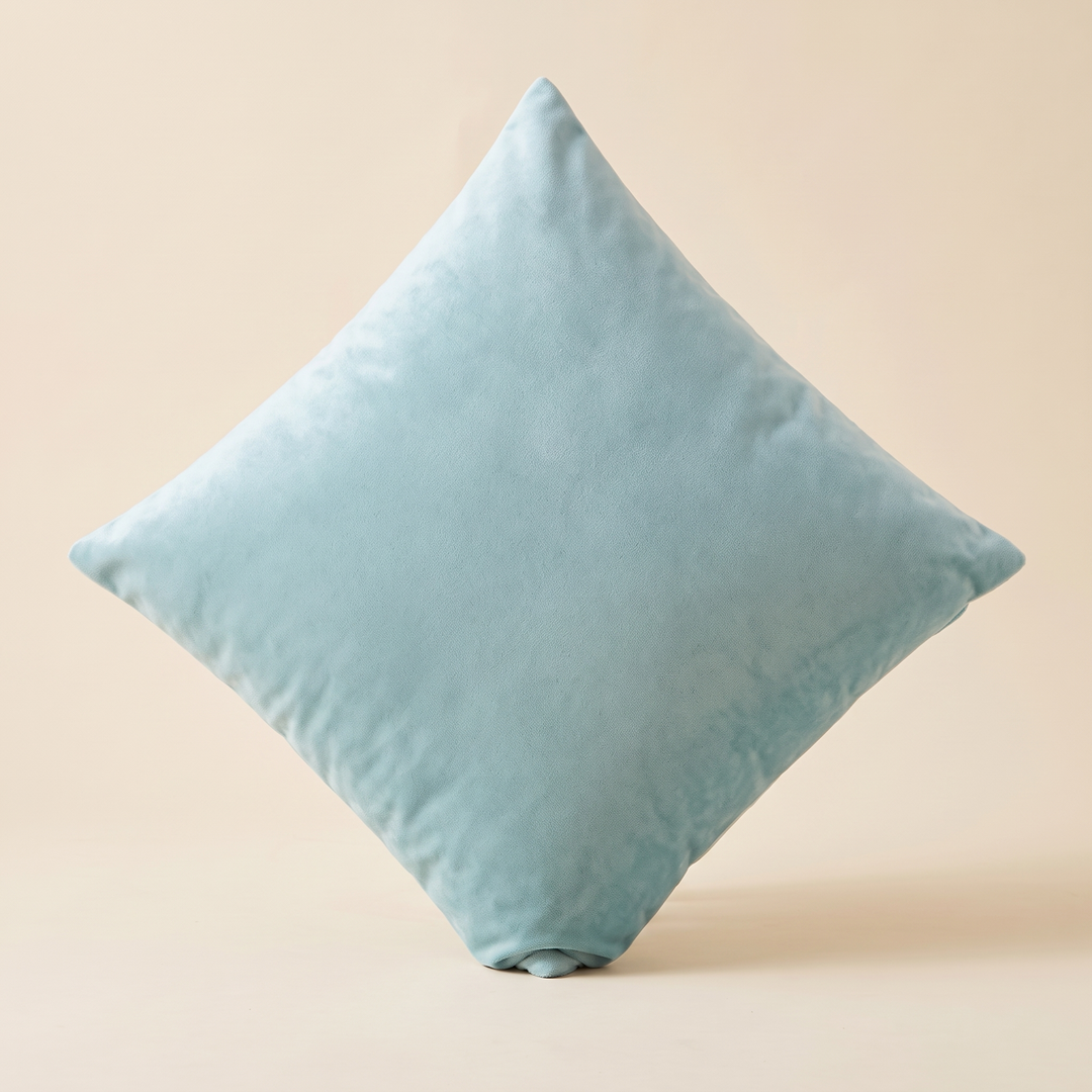 Velvet Pillow Cover in Aqua – balanced on a single corner in a diamond orientation, centered
