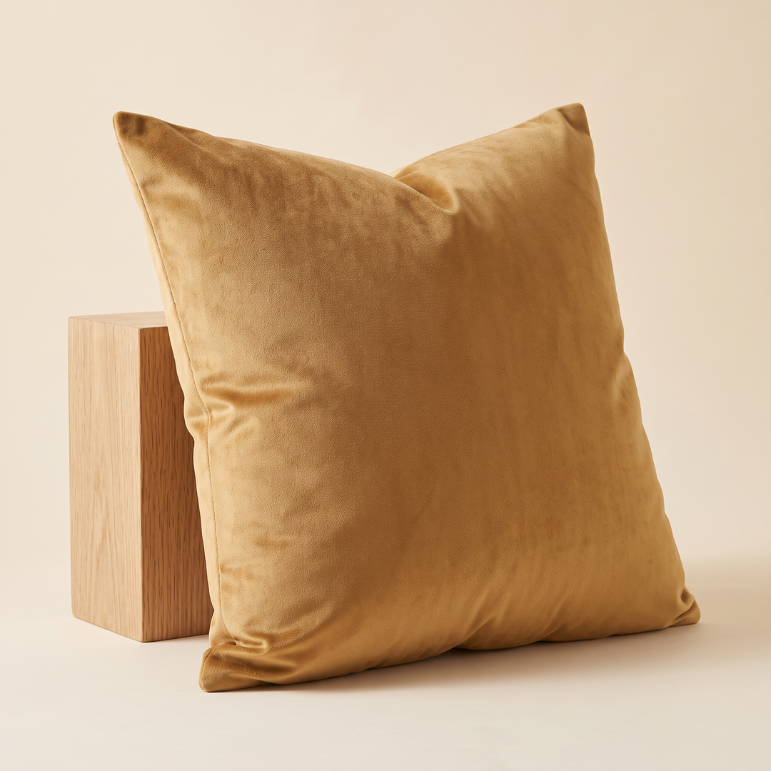 Velvet Pillow Cover in Caramel – leaning against a wooden block, angled on a cream backdrop