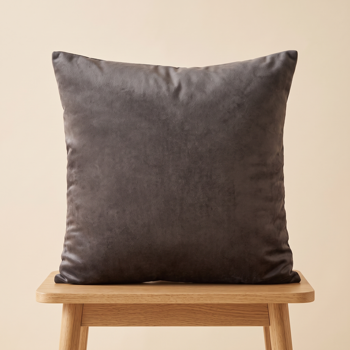 Velvet Pillow Cover in Dark Gray – placed on a light wooden stool seat