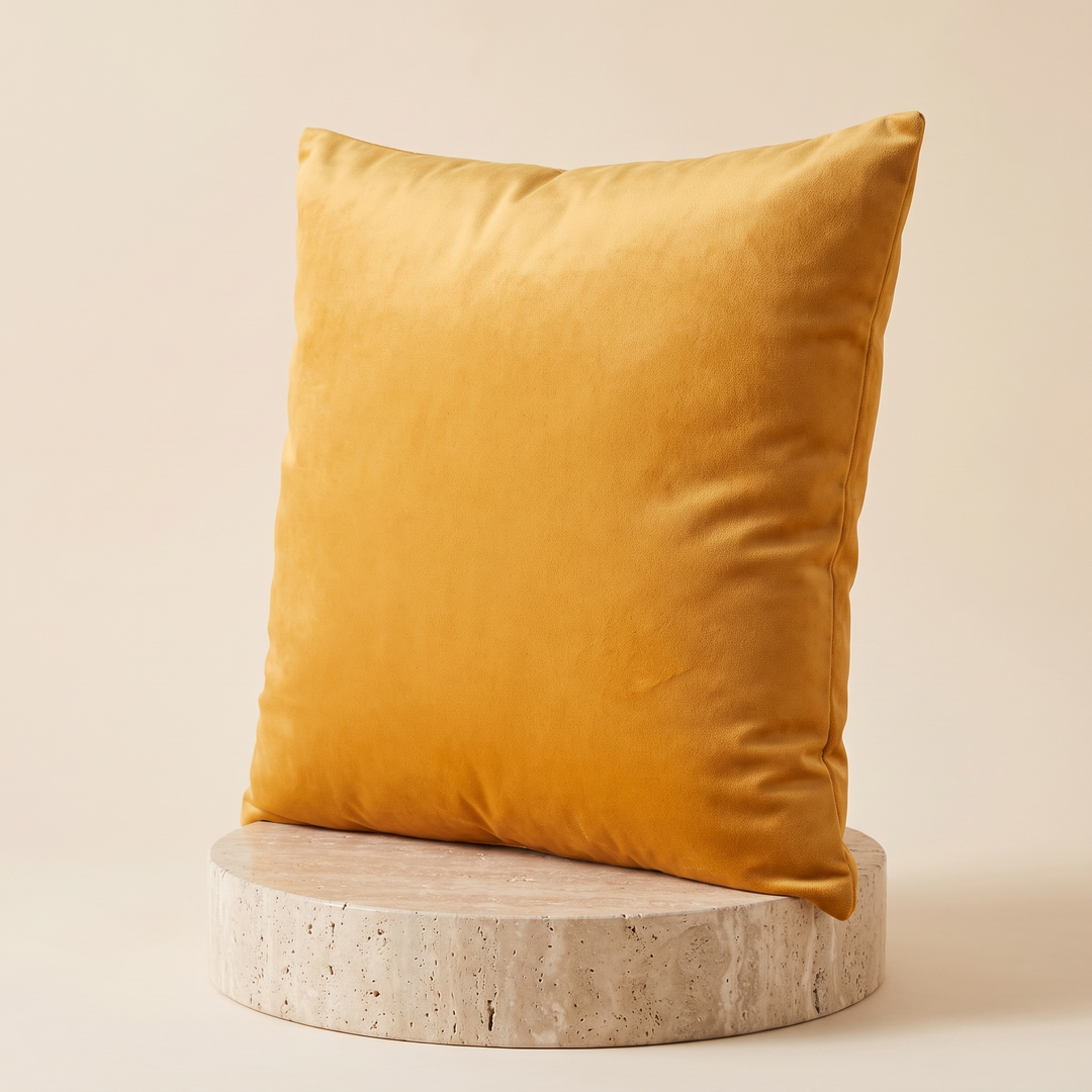 Velvet Pillow Cover in Mustard – upright on a round speckled stone platform