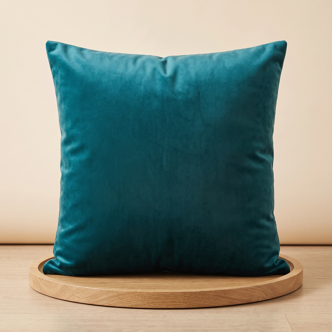 Velvet Pillow Cover in Teal – resting upright on a round wooden tray on a wood floor